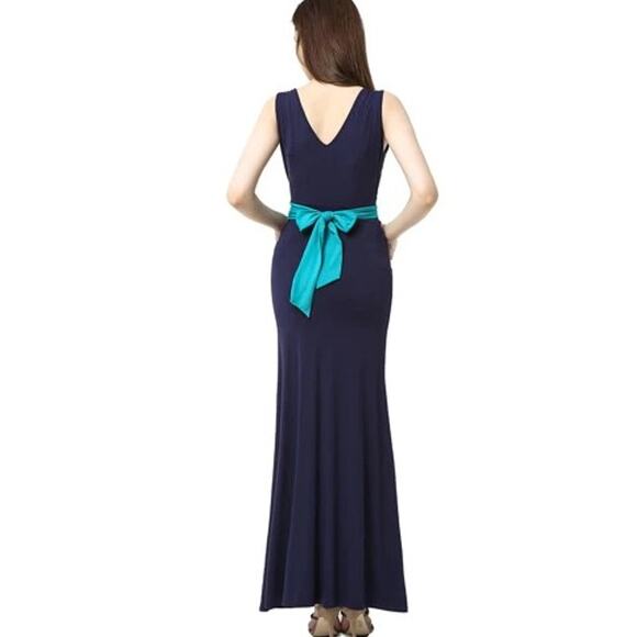 Kimi + Kai Maternity Colorblock  Belted V Neck Navy Teal Blue Maxi Dress M - Picture 3 of 7